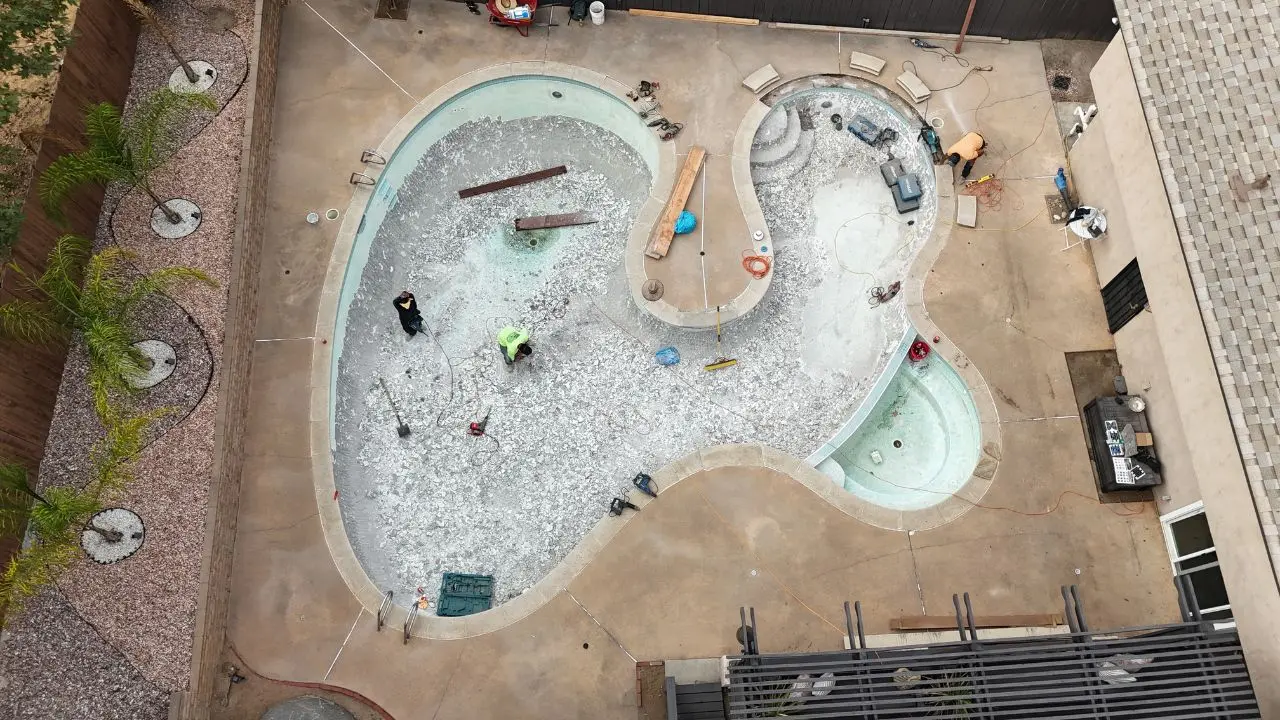 Aerial view of pool during demolition before remodel in Escondido, CA