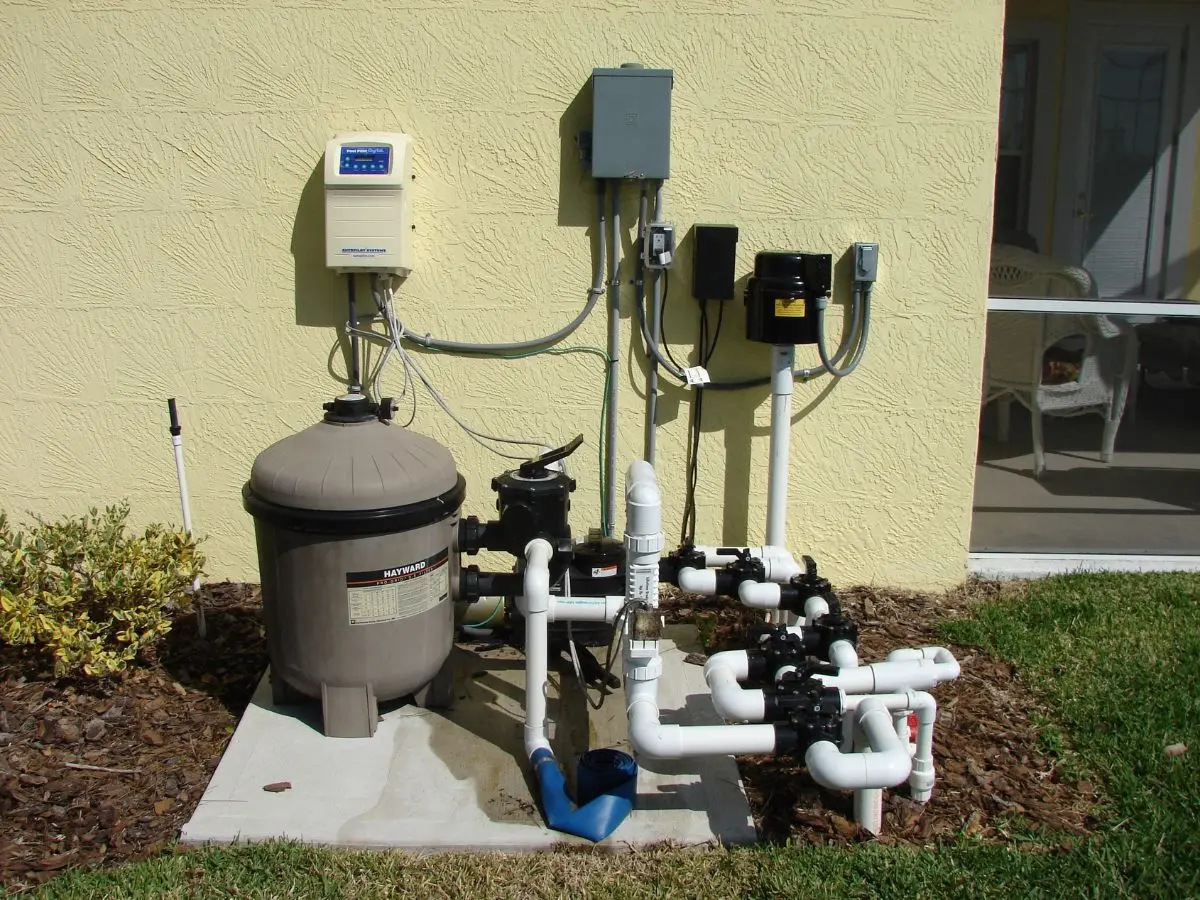 Pool equipment pad with filter, pump, valves and digital automation control panel