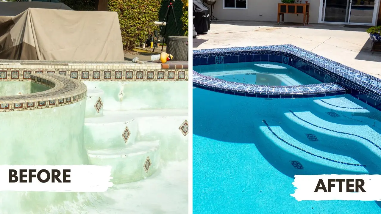 Pool before and after a remodel showing worn plaster and tile replaced with a clean new finish